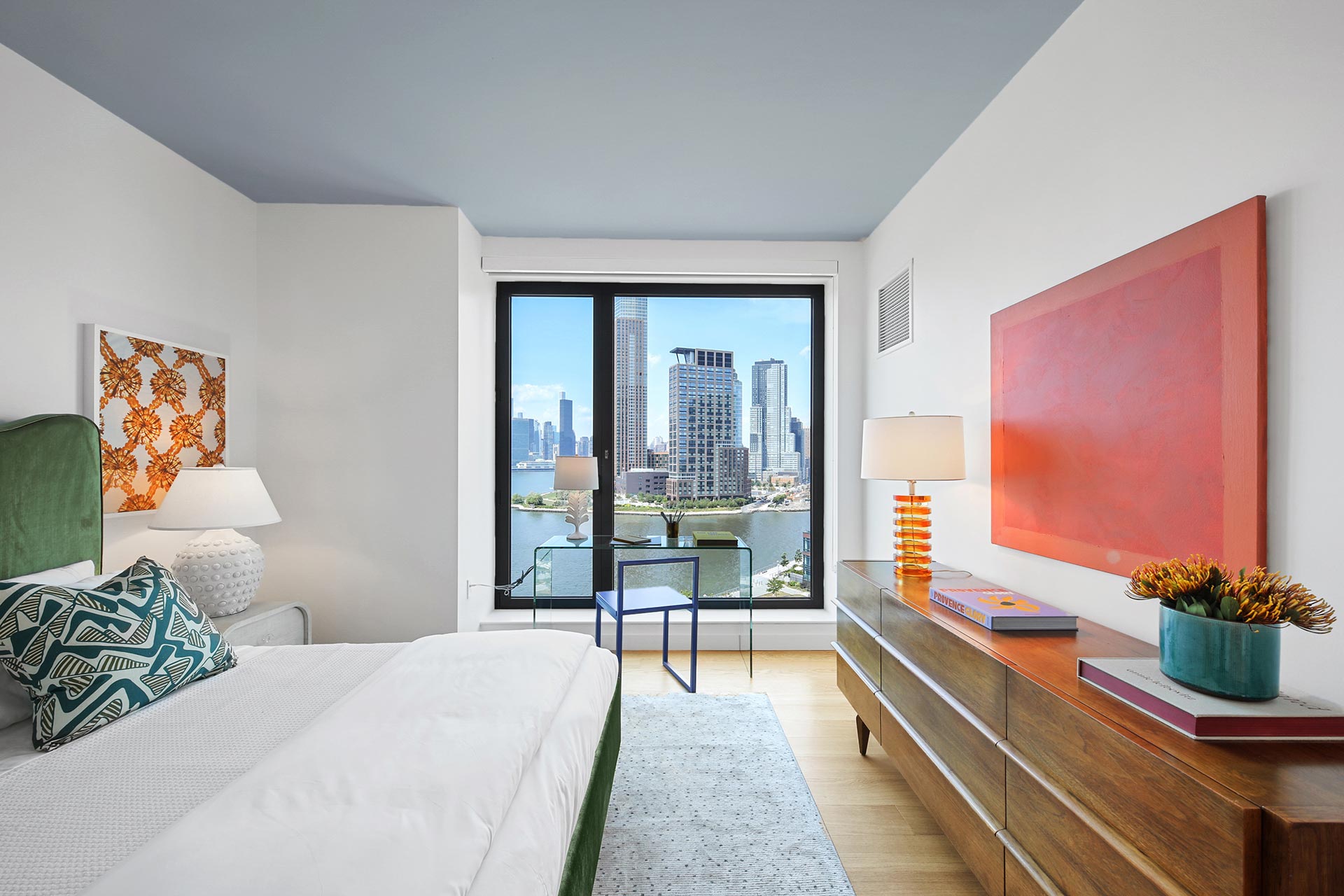 City-view bedroom with a contemporary design