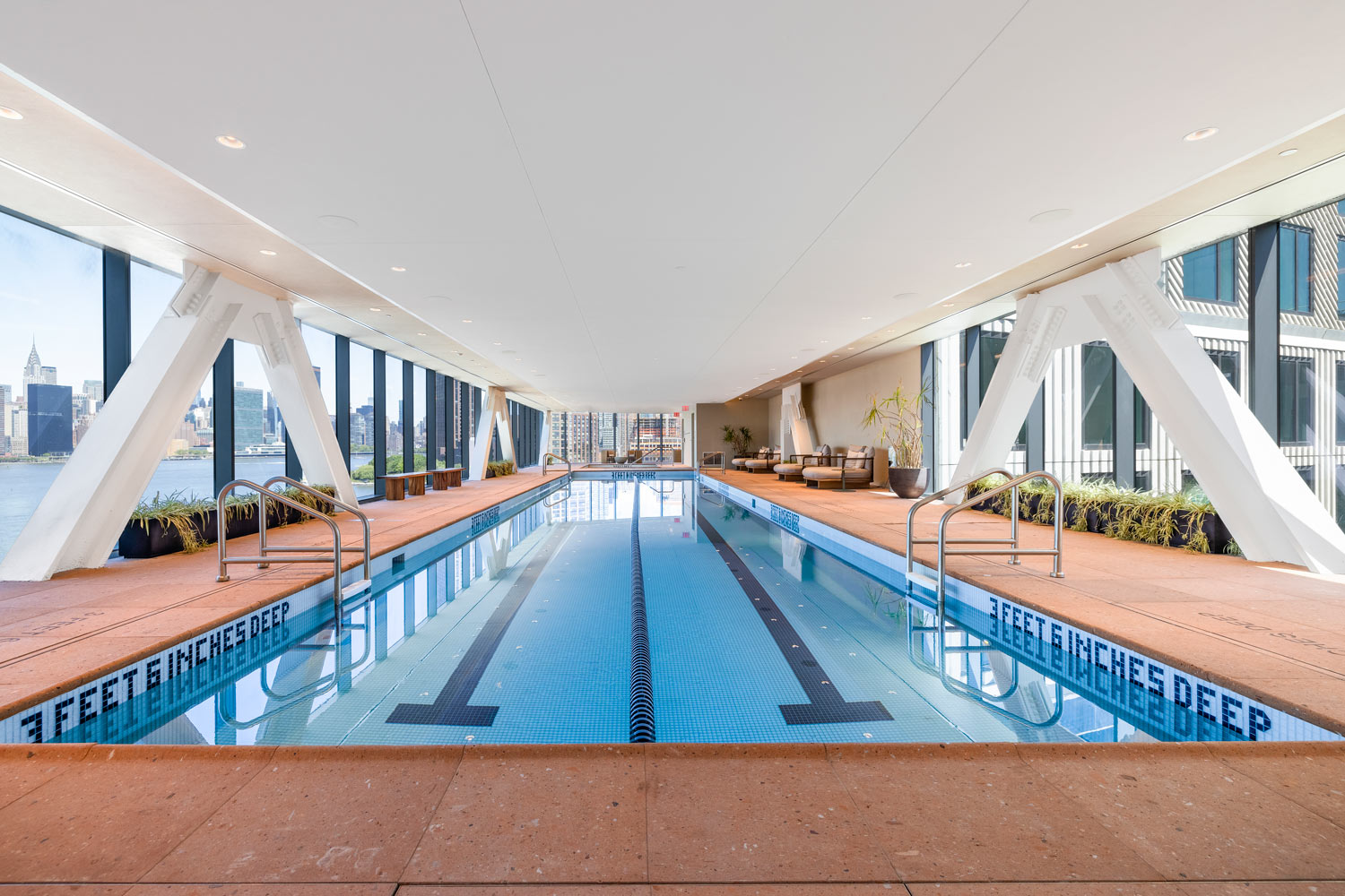Swim year-round in an indoor lap pool overlooking the city.