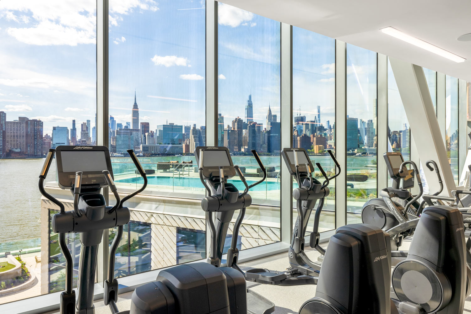 Bridging the two towers is a state-of-the-art fitness center